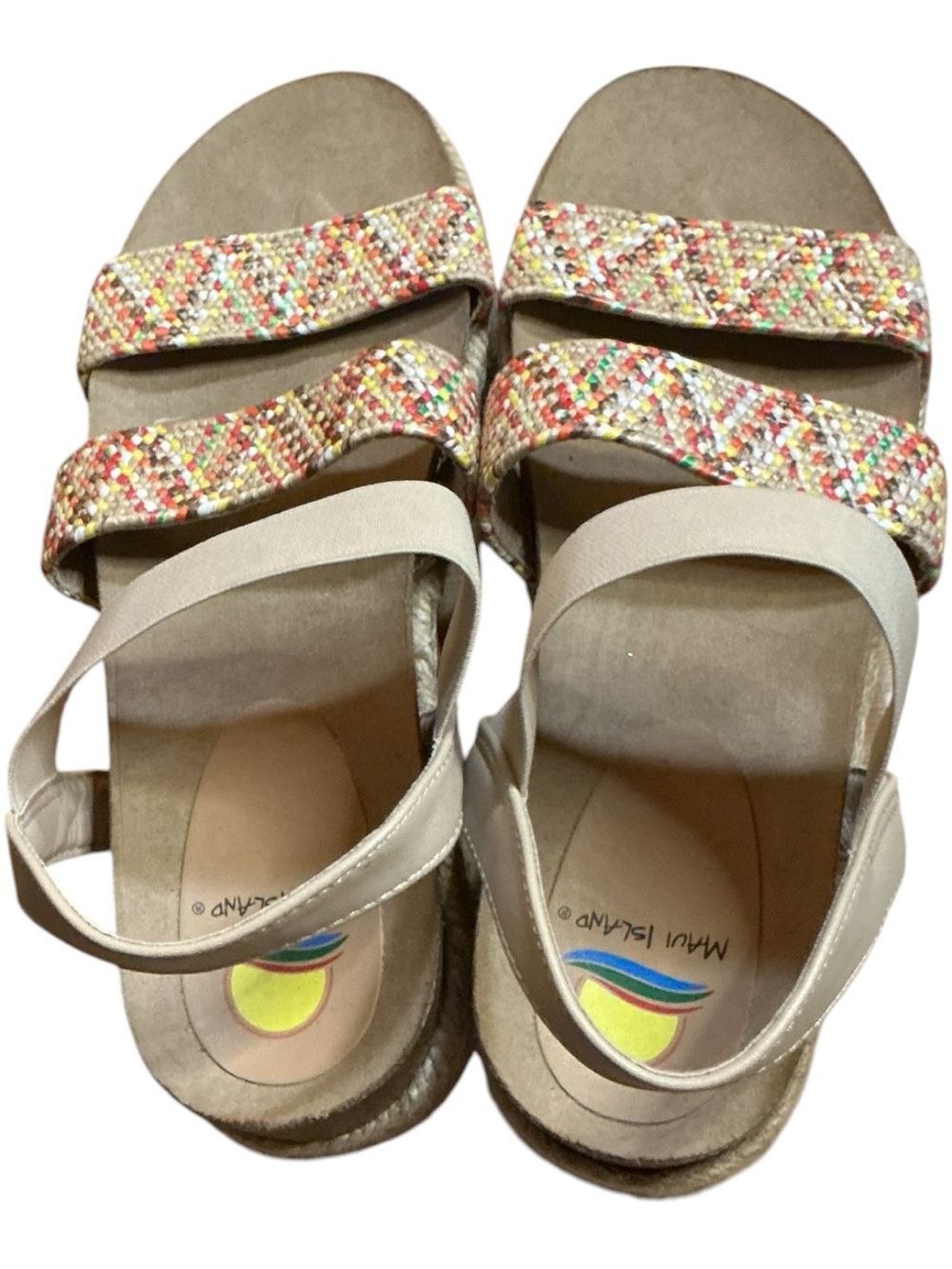 💟Women's Maui Island Platform Sandals Size:9 Beige Multicolor Woven Shoes